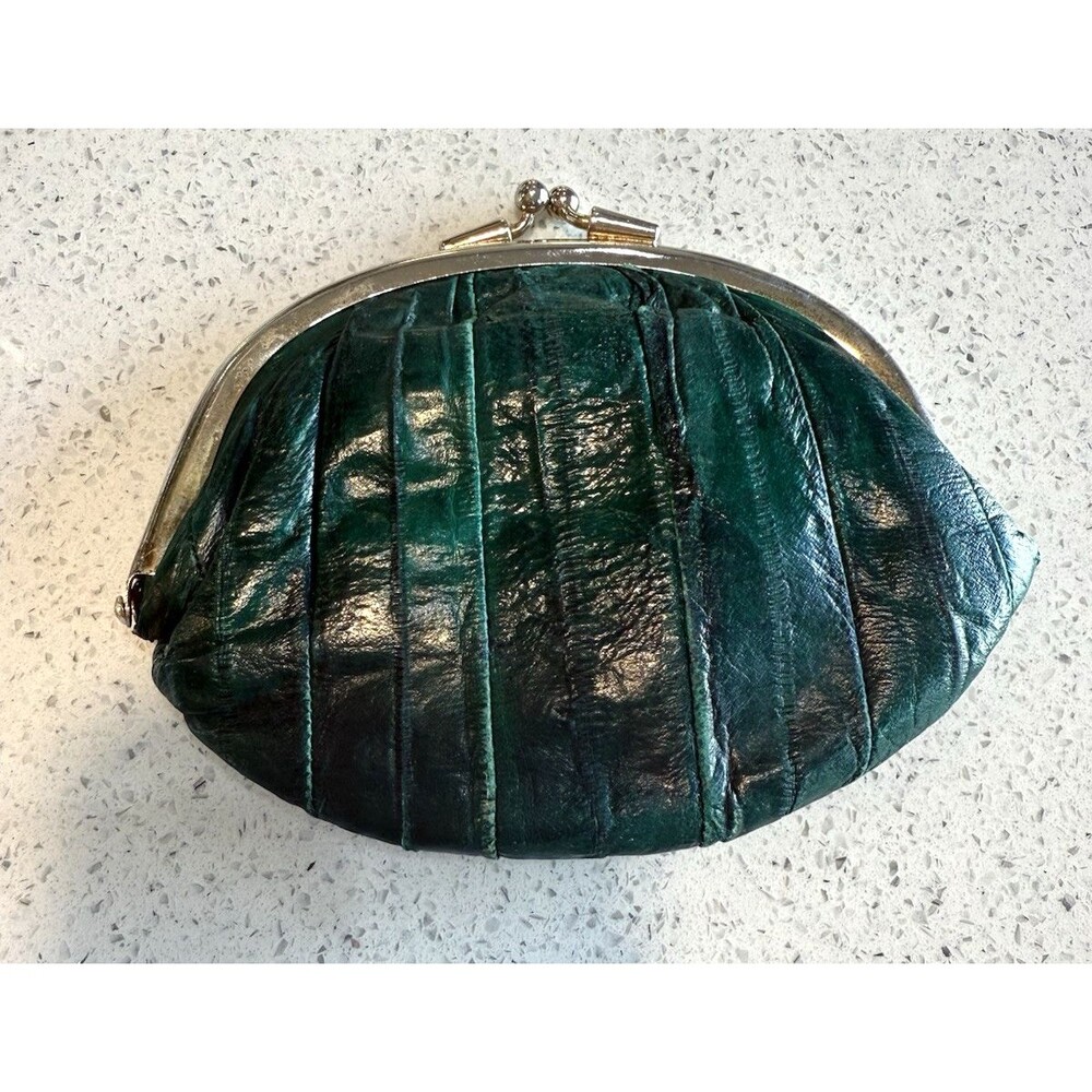 Vtg Lee Sands Vintage Genuine Eel Skin Coin Purse Green Double Kiss Lock Boho
